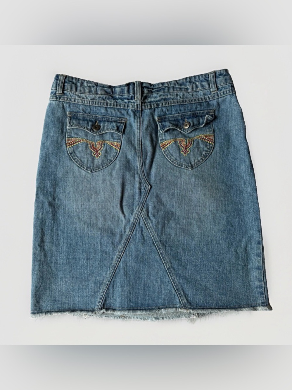 Vintage Lee Y2K Denim Skirt Raw Hem Embroidered Pockets 13/14 Western McBling